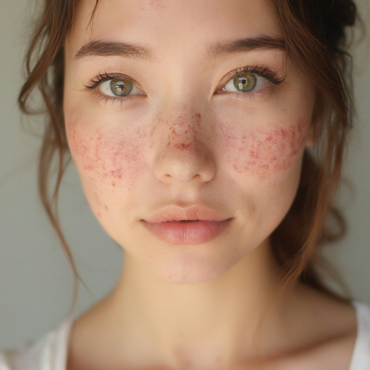 A young woman with freckles on her face